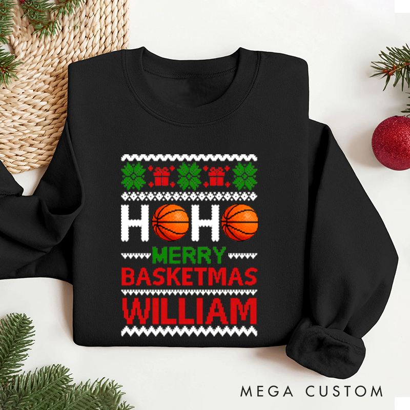 Personalized Basketball Christmas Sweatshirt with Festive Design and Custom Name