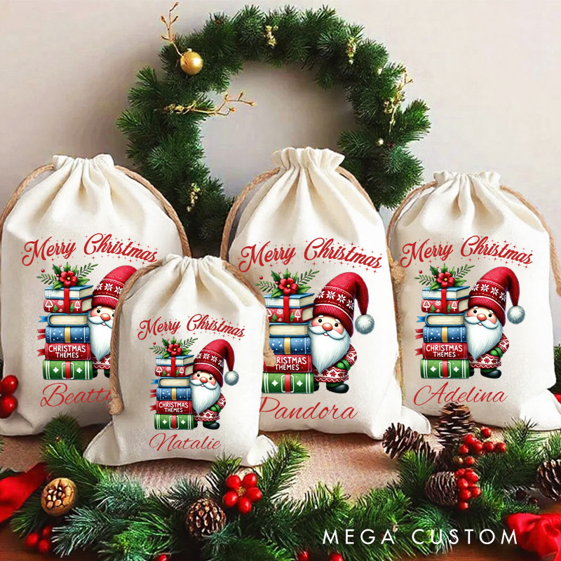 Personalized Book and Gnome Christmas Bag with Name Bookish Santa Sack Flower Book Xmas Sack Book Lover Christmas Gift