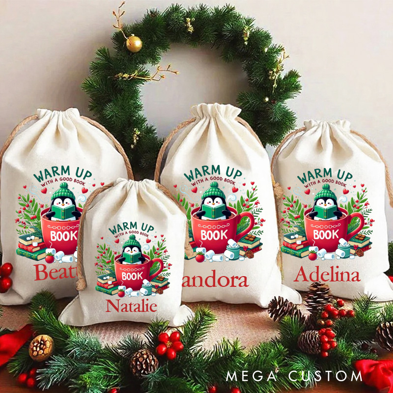 Personalized Warm up with a Good Book Christmas Bag Reading Penguin Santa Sack with Name for Book Lover Christmas Gift Librarian Gift