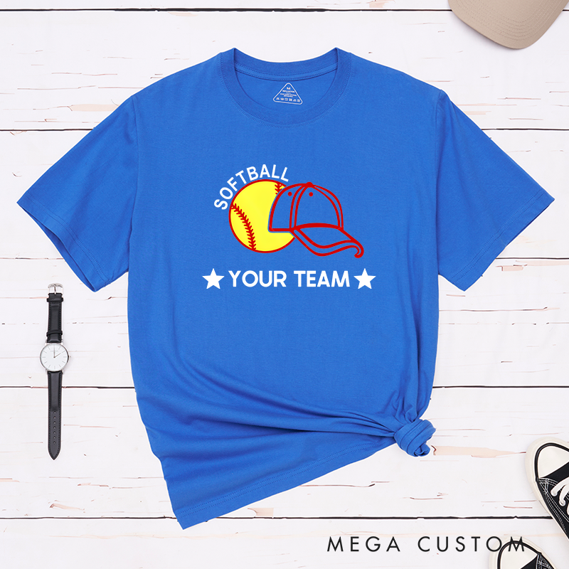 Personalized Softball Team T-Shirt Design Featuring Customizable Team Name Bold Softball Graphic and Baseball Cap Element