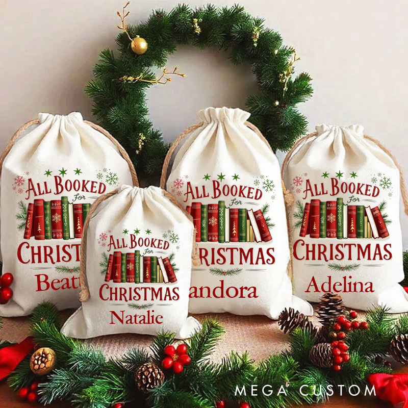 Personalized All Booked Christmas Bag Holly and Bookshelf Santa Sack with Name for Book Lover Christmas Gift Librarian Gift