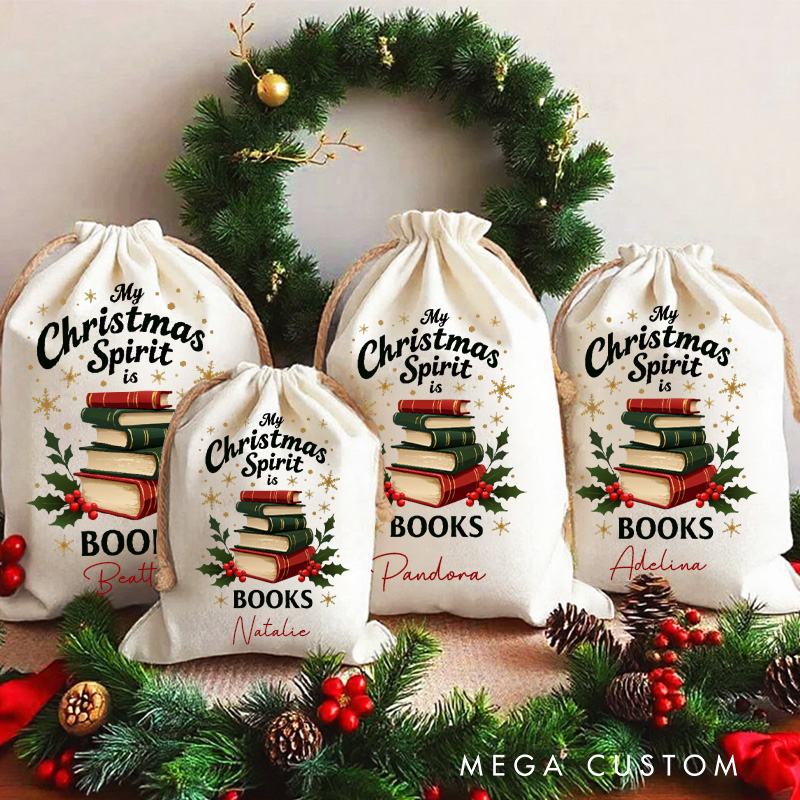 Personalized My Christmas Spirit is Books Christmas Bag Holly and Bookshelf Santa Sack with Name for Book Lover Christmas Gift Librarian Gift