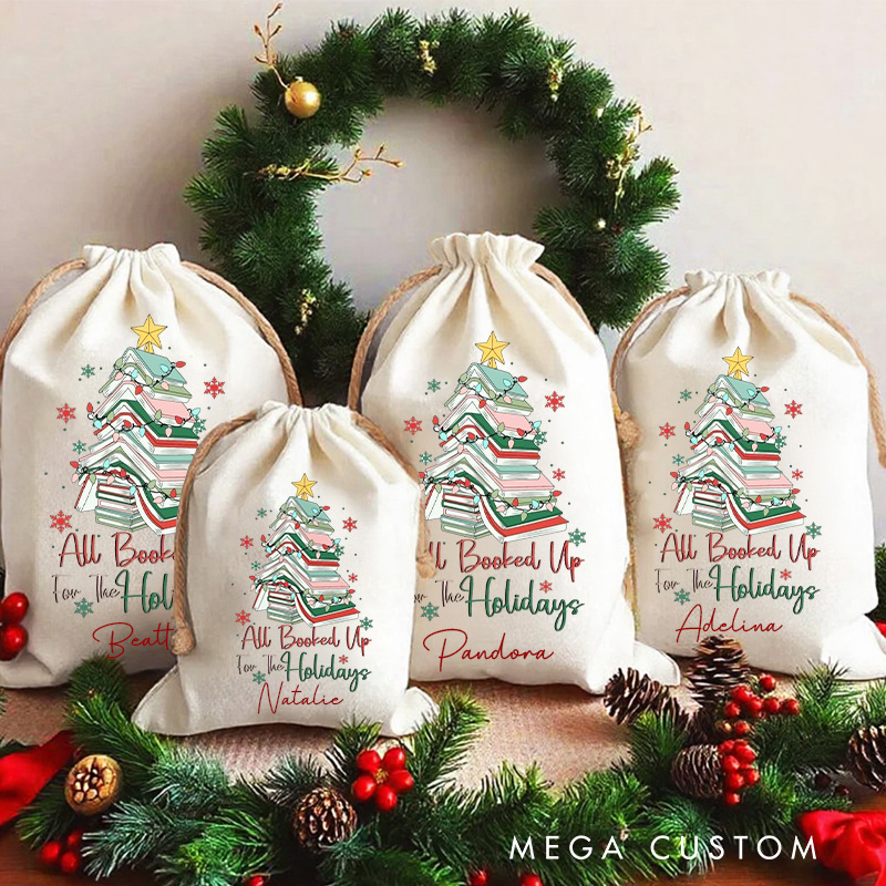 Personalized All Booked Up for the Holidays Christmas Bag Book Christmas Tree Santa Sack with Name Book Nerd Xmas Sack for Book Lover Gift Librarian Gift