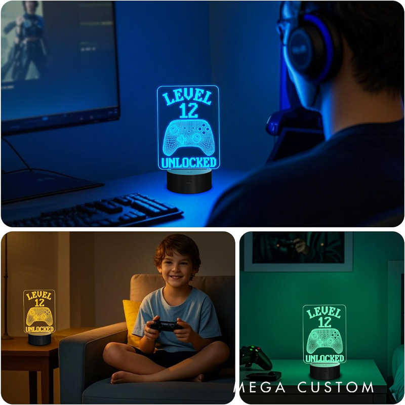 Personalized Gaming Themed LED Night Light Level 12 Unlocked Gamer Night Light Gift for Geek