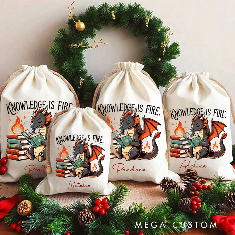 Personalized Knowledge is Fire Christmas Bag Reading Dargan Christmas Santa Sack with Name Book Nerd Xmas Sack for Book Lover Gift Librarian Gift