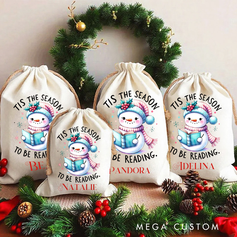Personalized Tis the Season to Be Reading Christmas Bag Kids Reading Snowman Santa Sack for Kids Bookworm Xmas Sack with Name Book Lover Gift