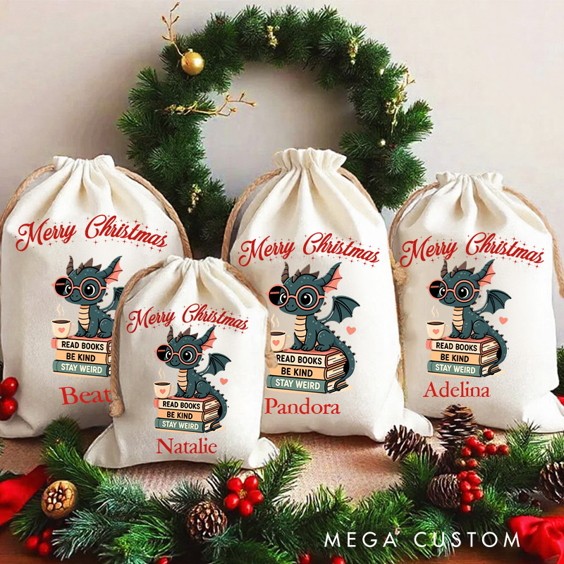 Personalized Read Books Be Kind Stay Weird Christmas Bag Dargan Santa Sack for Kids Bookworm Xmas Sack with Name Book Lover Gift