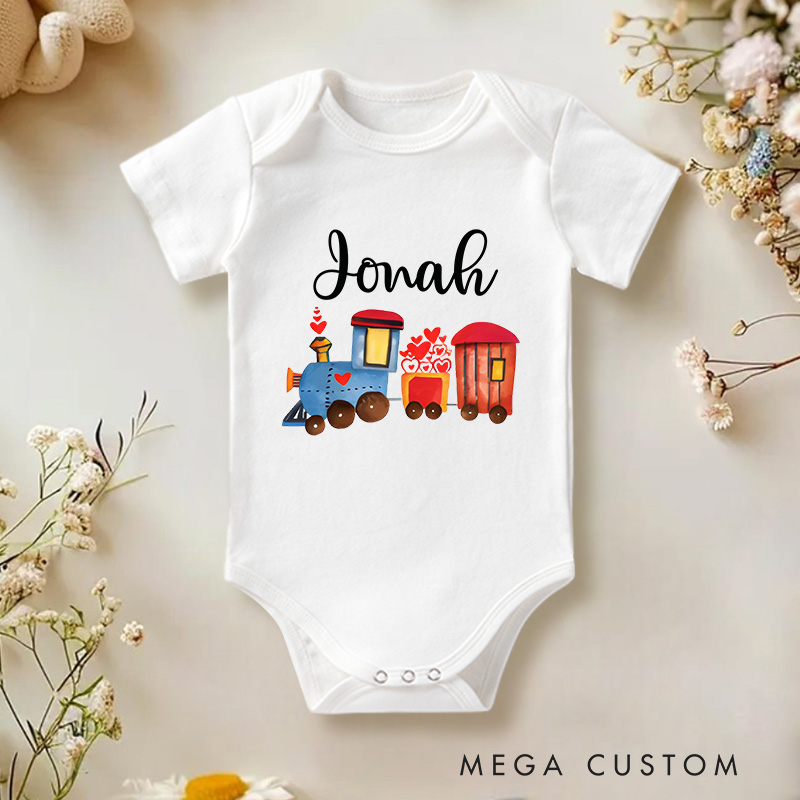 Personalized Valentine's Train Design with Hearts Baby Onesie Funny Baby Gift