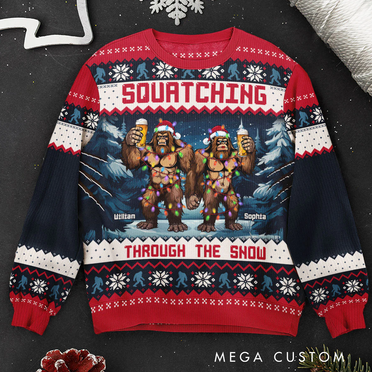 Personalizedsquatching Through the Snow Ugly Sweater Christmas Gift for Outdoor Hiking Enthusiasts