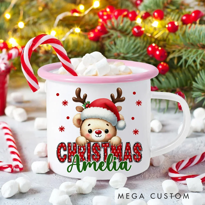 Personalized Christmas Santa Hat Cute Animal 12 oz Multicolor Enamel Mug with Name Christmas Gift