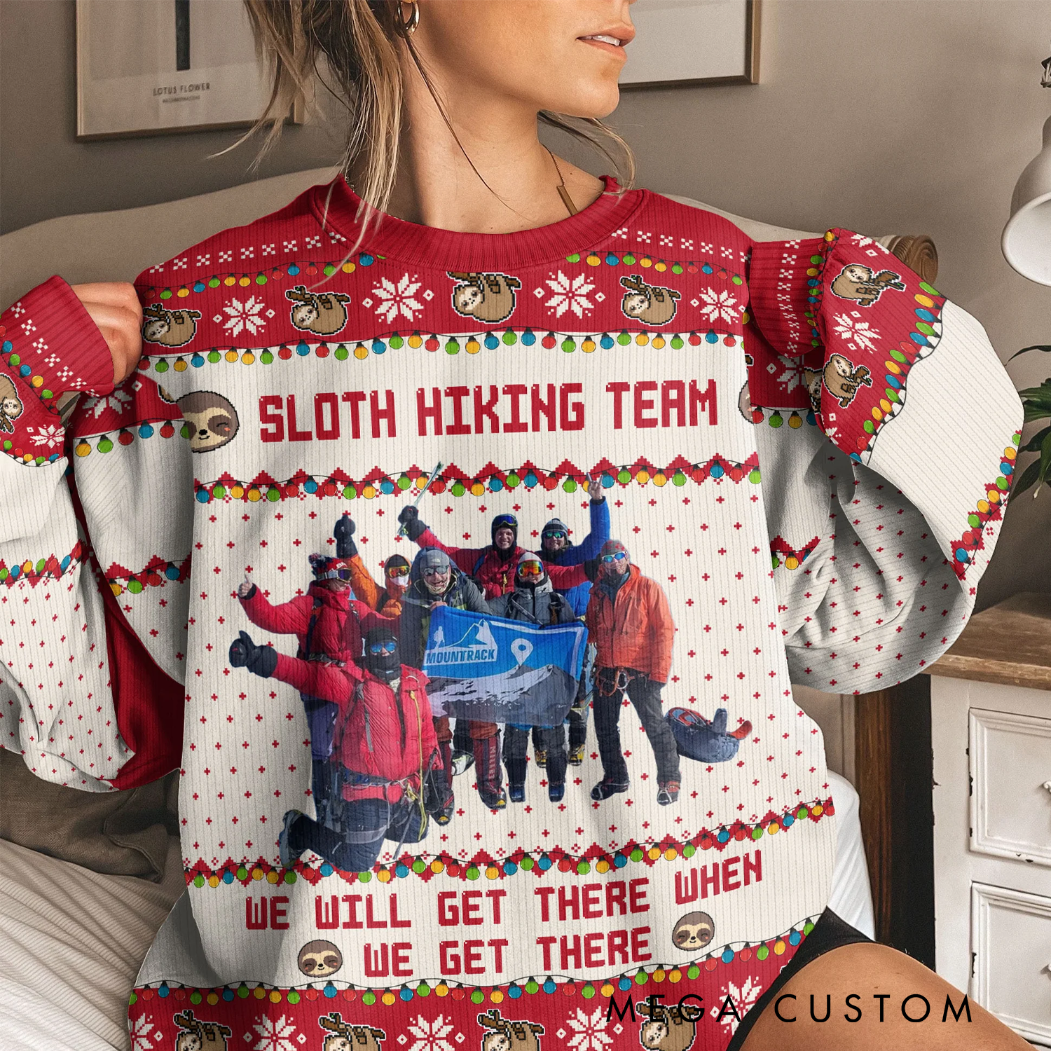 Personalized Sloth Hiking Team Ugly Sweater Custom Hiking Photo for Team Hiking Lovers Ugly Sweater Christmas Gift for Outdoor