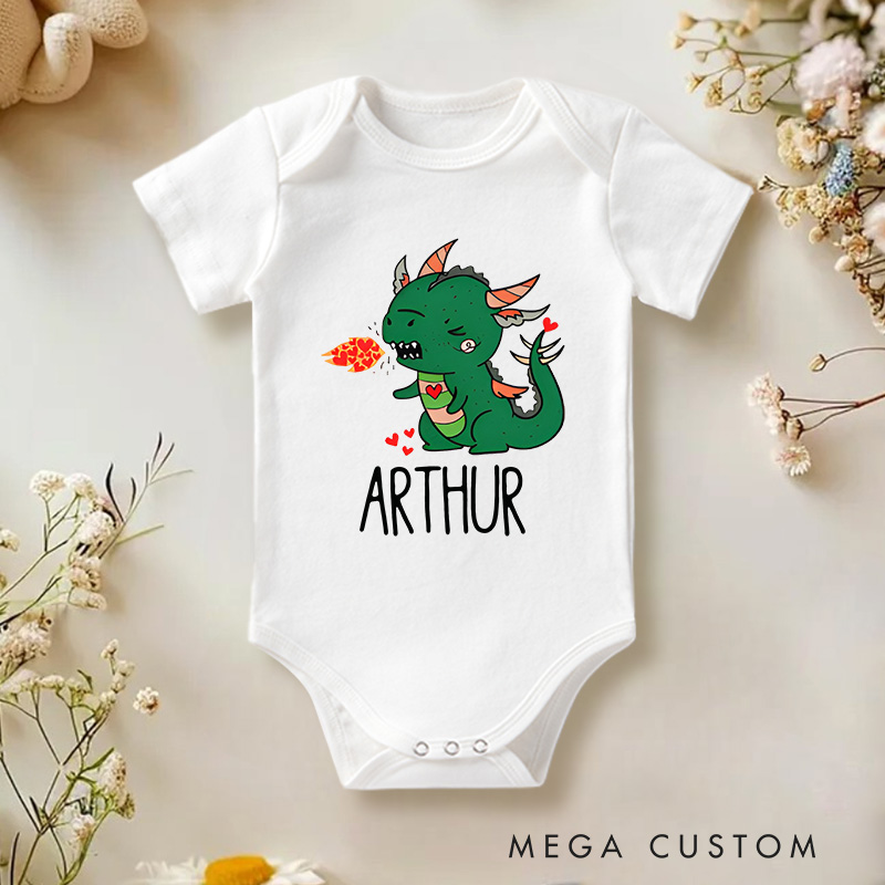 Personalized Cute Dragon Design with Hearts and Fire Baby Onesie Valentine's Day Baby Gift