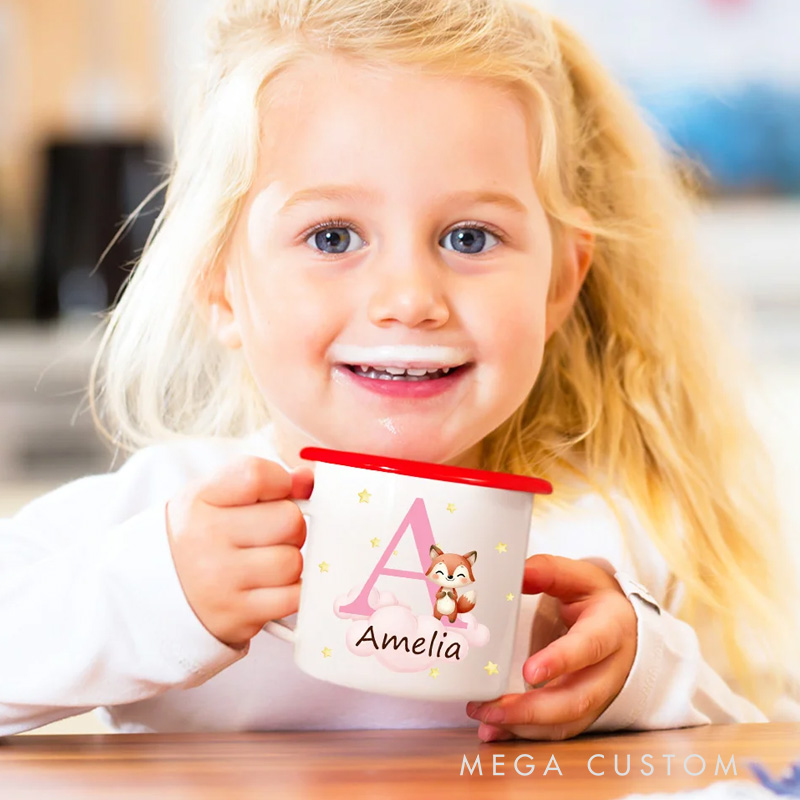 Personalized Cute Bear Dinosaur Cartoon Forest Animal 12 oz Colored Rim Enamel Mug with Initial and Name Birthday Gift