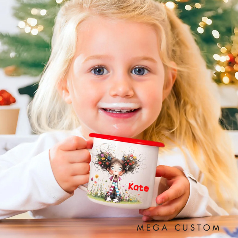 Personalized Cute Whimsical Quirky Girl 12oz Colorful Rim Enamel Mug with Name Birthday Back to School Holiday Gift