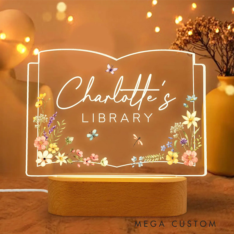 Personalized Book Lover LED Night Light Bookshelf Decor Sign Light with Name Book Shape Flower Light Bookworm Gift Book Lover Gift Bookish Gift
