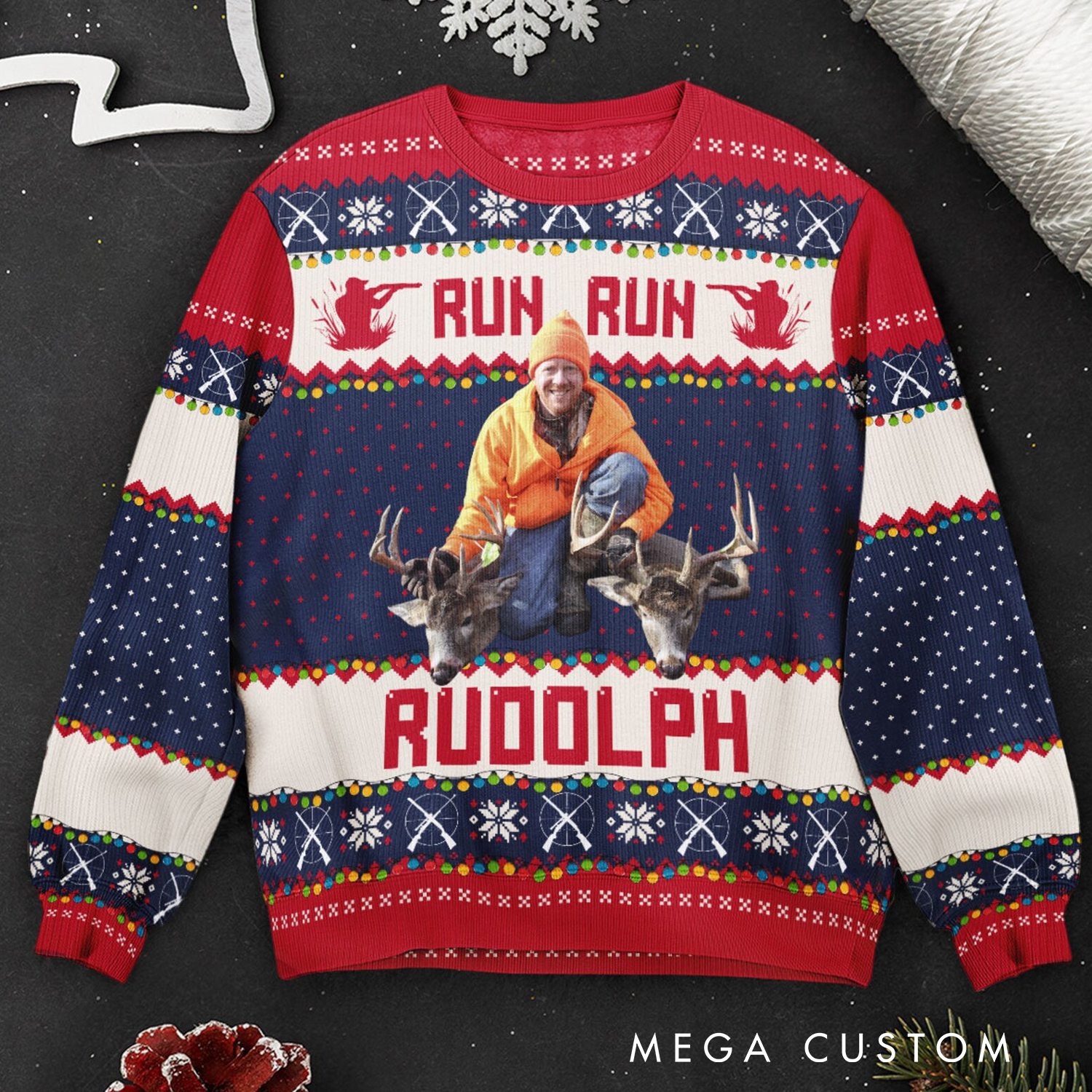Personalized Hunting Photo Ugly Sweater Run Run Rudolph Hunting Christmas Jumpers Xmas Ugly Sweater Party Gift for Hunting Lovers
