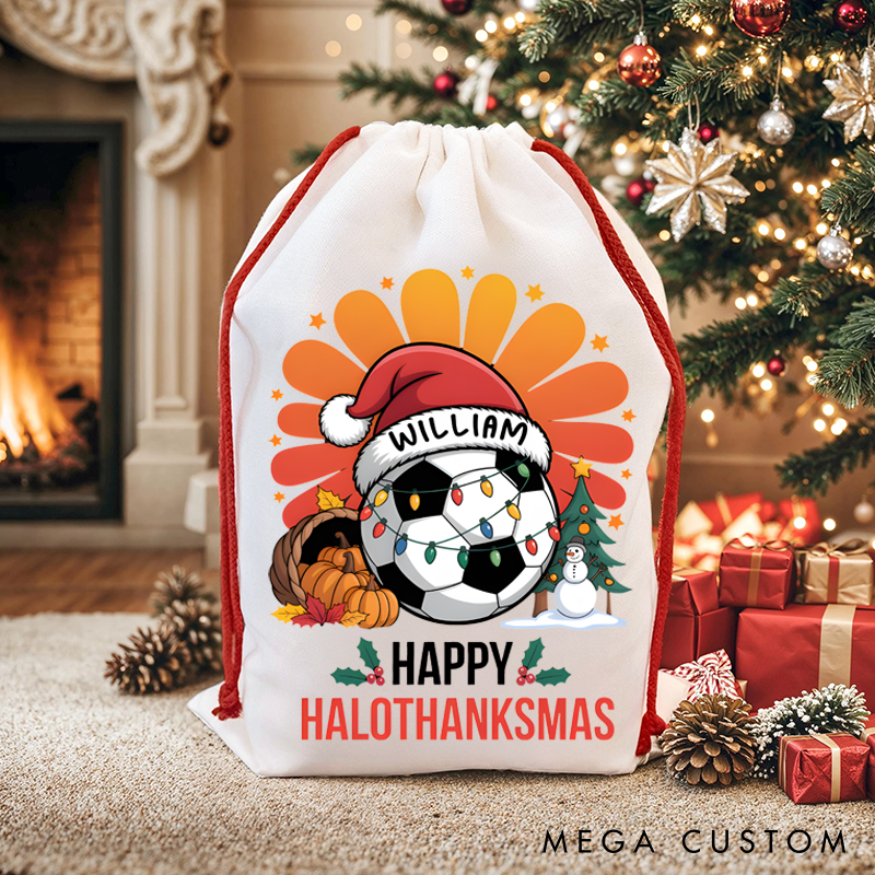 Personalized Christmas Soccer "Happy Halothanksmas" Gift Bag with Custom Name