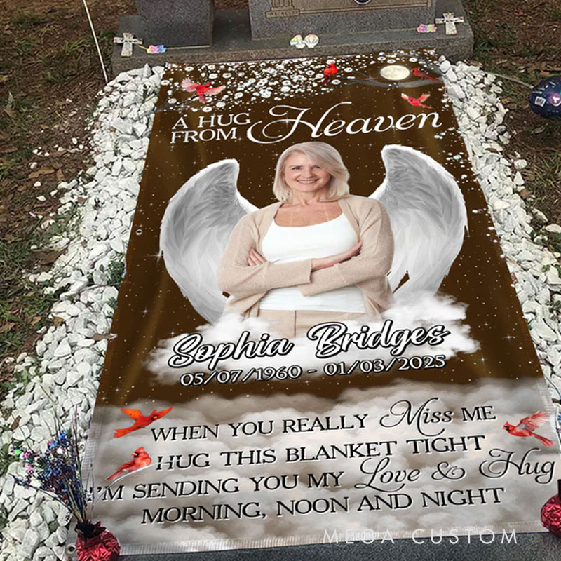 Personalized Memorial Grave Blanket Give A Hug From Heaven Memorial Photo Blanket Custom Photo Waterproof Blanket Remembrance Gift