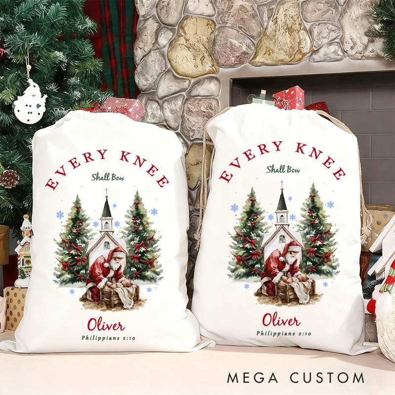 Personalized Every Knee Shall Bow Nativity Scene Santa Sack with Name Drawstring Christmas Tree Gift Bag Jesus Religious Christmas Gift for Christian