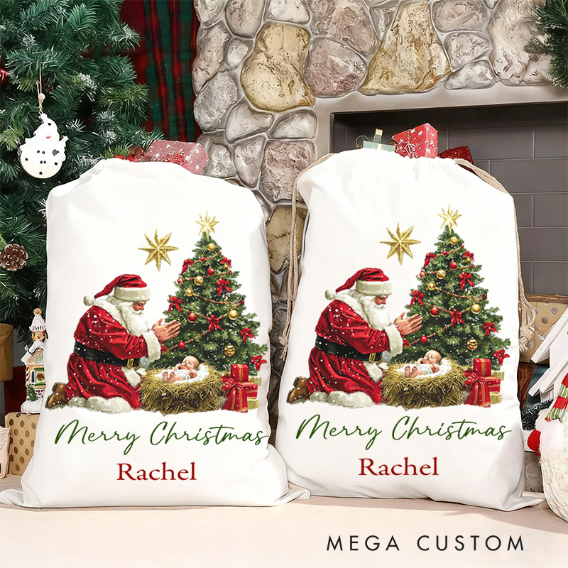 Personalized Nativity Scene Drawstring Canvas Christmas Gift Bag with Name Text Christmas Party Gift Religious Gift