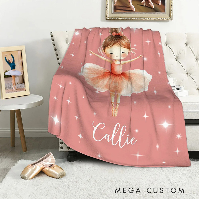 Personalized Cartoon Ballerina Girl Blanket Flannel Blanket Ballet Lover Blanket with Name for Dance Lovers Dancer