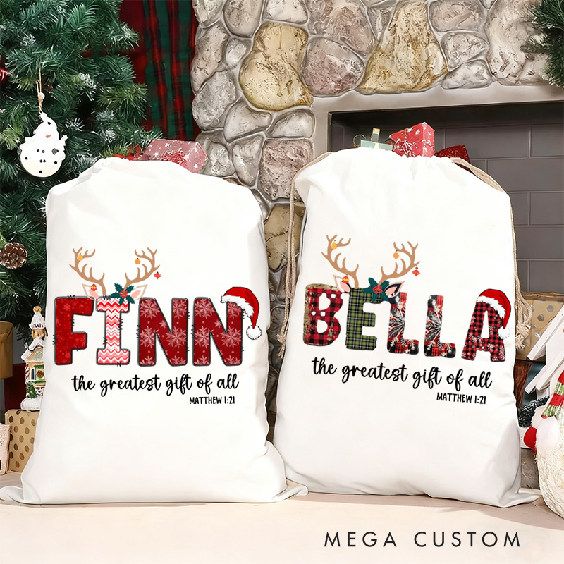 Personalized the Greatest Gift of All Drawstring Canvas Christmas Gift Bag with Name Text Christmas Party Gift Religious Gift