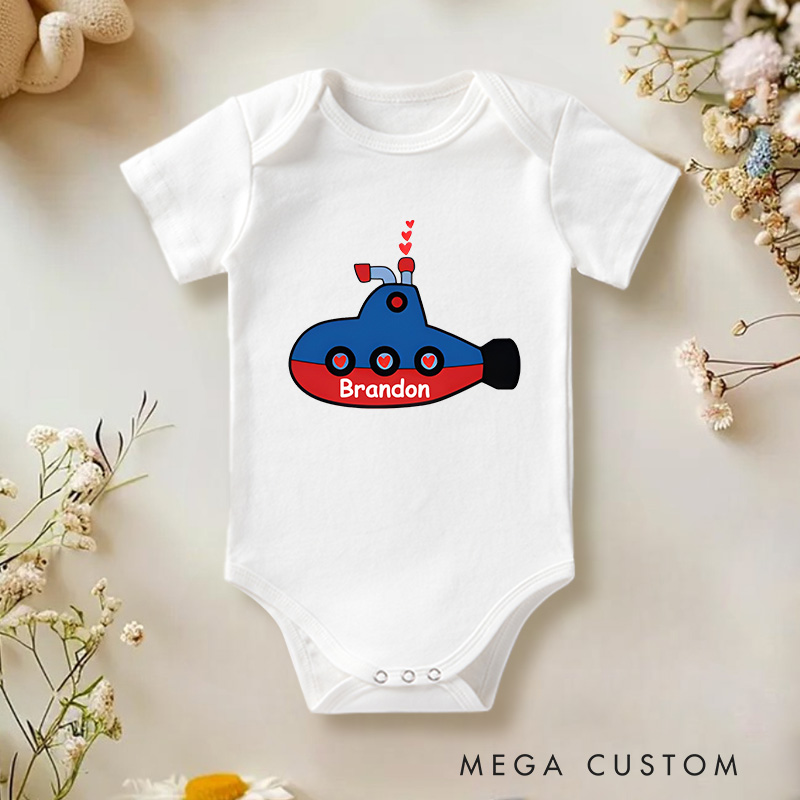 Personalized Submarine with Hearts Valentine's Baby Onesie Gift for Baby and Ocean Lovers