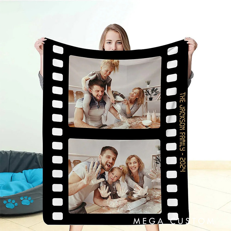 Personalized Vintage Film Style Photo Collage Blanket Flannel Blanket Movie Blanket with Name for Film Fan