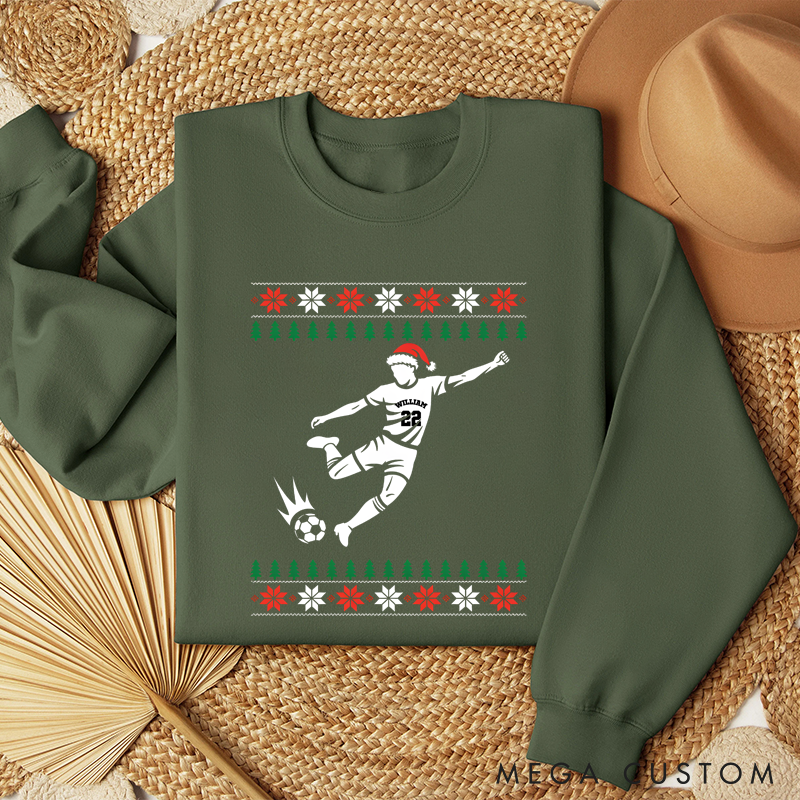 Personalized Soccer Player Christmas Sweatshirt with Festive Design and Custom Name