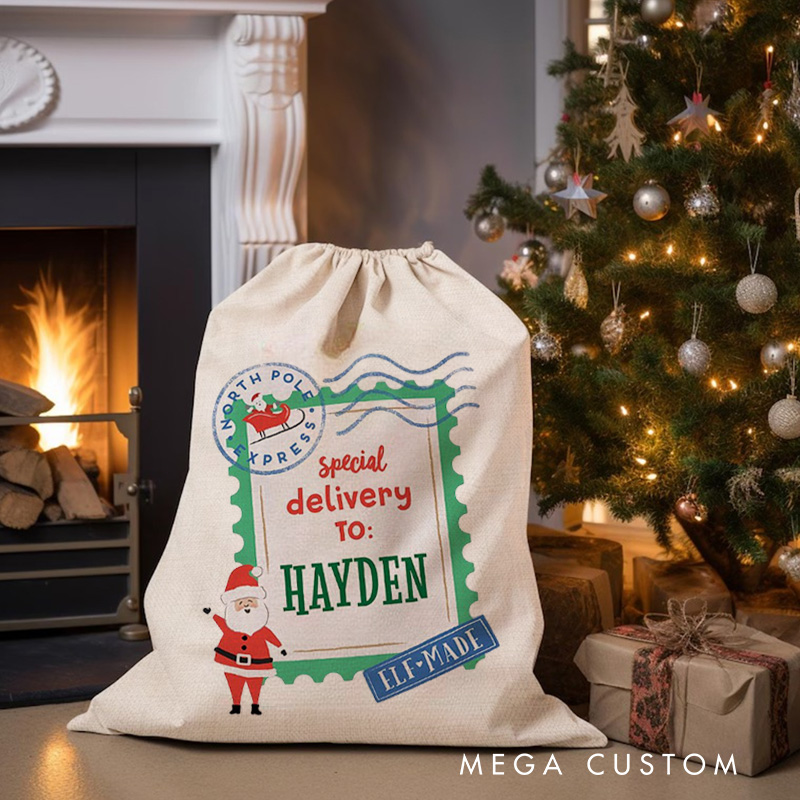 Personalized Special Delivery Christmas Bag with Elf Design and Name for a Magical Holiday Gift Experience