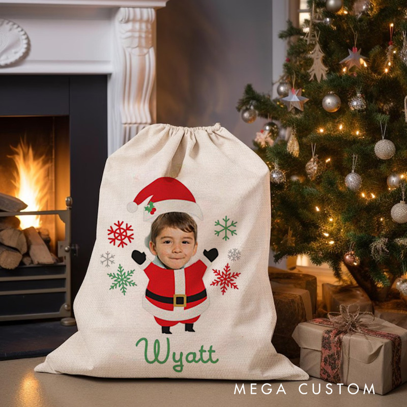 Personalized Photo Face Christmas Bag with Festive Elf Outfit and Name for a Joyful Holiday Surprise