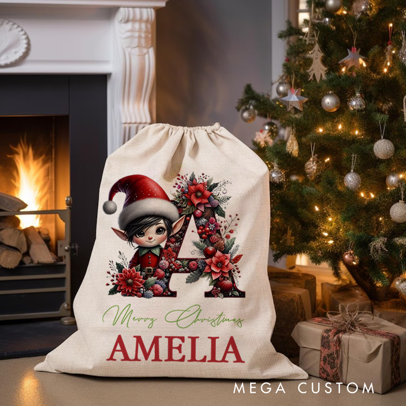 Personalized Cute Christmas Elf Floral Initial Ceramic Christmas Sack with Name Christmas Decor Gift