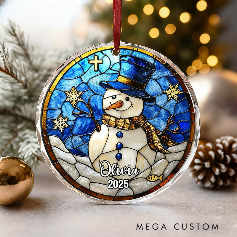 Personalized Santa Snowman Christmas Tree Cross Nativity Stained Glass Christmas Ornament with Name and Year Tree Decoration Christmas Christian Gift