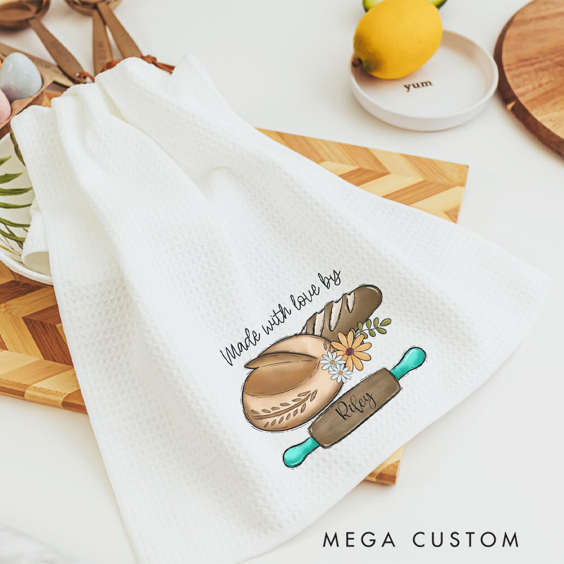 Personalized Made with Love Baking Kitchen Towel Custom Bread Themed Tea Dish Towel Hand Kitchen Towel Gift for Baking Lover