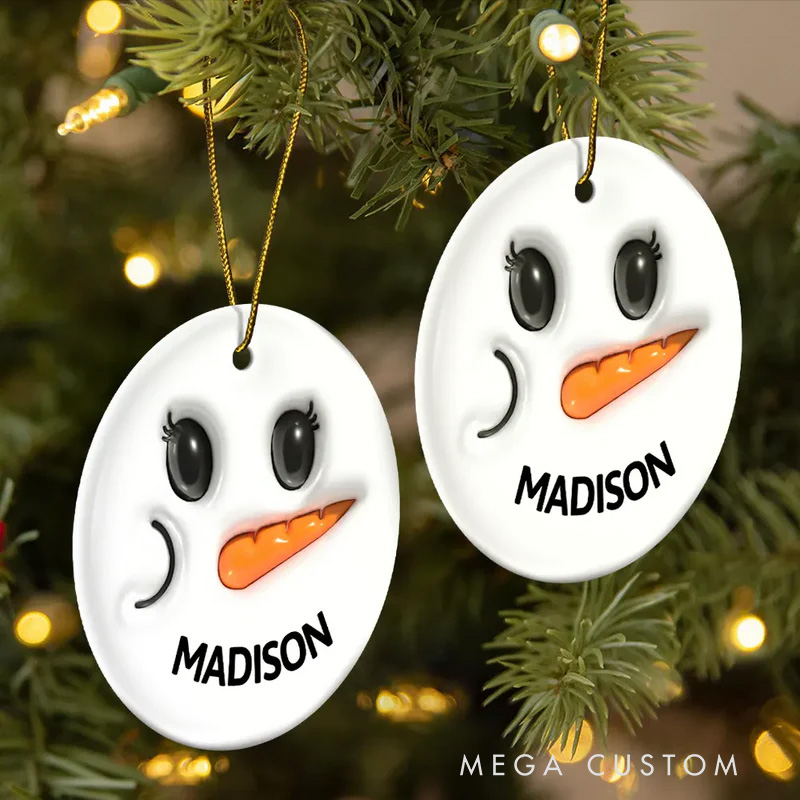 Personalized Snowman Smile Name 3D Inflated Effect Printed Combo Circle Ceramic Ornament Set