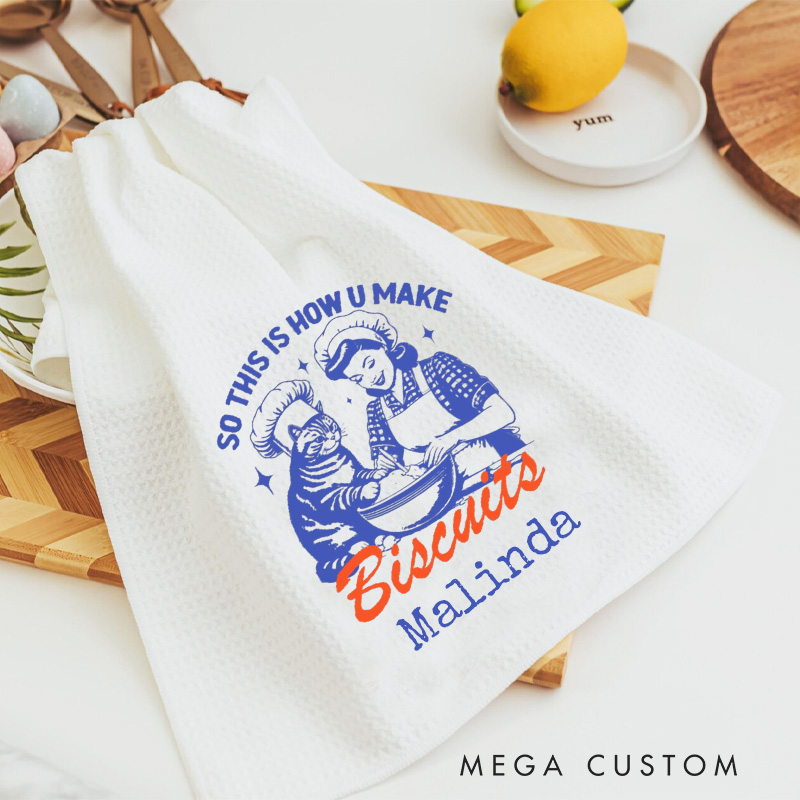 Personalized So This is How You Make Biscuits Baking Kitchen Towel Retro Cat Making Biscuits Tea Dish Towel for Mom Baking Lover Gift