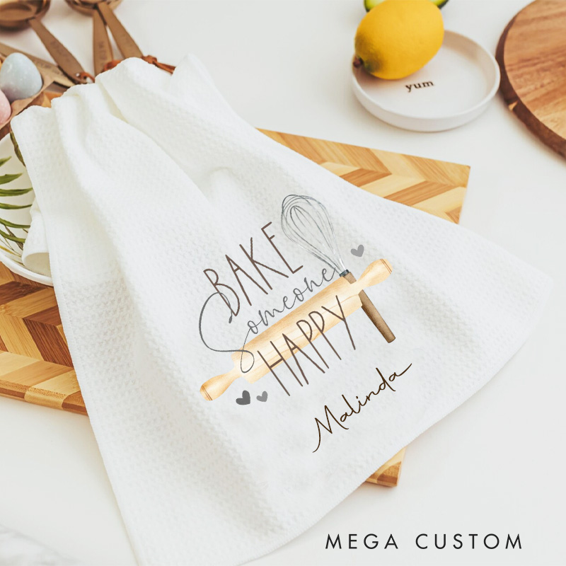 Personalized Bake Someone Happy Kitchen Towel Kitchen Rolling Pin Dish Towel Kitchen Tool Hand Towel for Baking Lover Gift