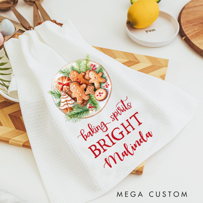 Personalized Baking Spirits Bright Kitchen Towel Christmas Cookies Dish Towel with Name Holiday Baking Hand Towel for Baking Lover Gift
