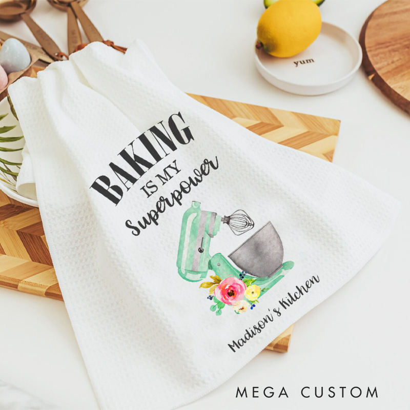 Personalized Baking is My Superpower Kitchen Towel Bakers Dish Towel with Name Kitchen Mixer Hand Towel for Baking Lover Gift