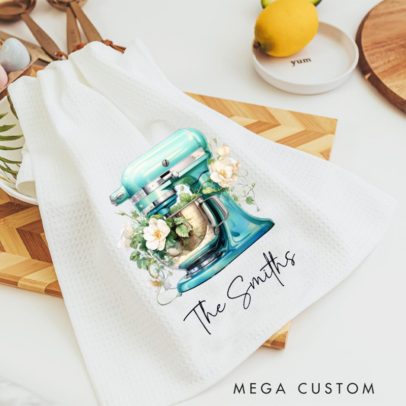 Personalized Aqua Floral Mixer Kitchen Towel Bakers Dish Towel with Name Kitchen Tool Hand Towel for Baking Lover Gift