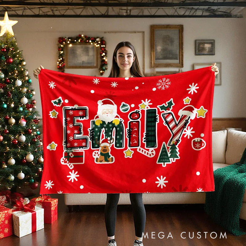 Personalized Christmas Reindeer Santa Claus Christmas Name Soft Throw Blanket Home Decor Christmas Party Gift 