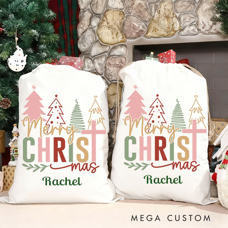 Personalized Merry Christmas Drawstring Canvas Christmas Gift Bag with Name Christmas Party Gift Religious Gift