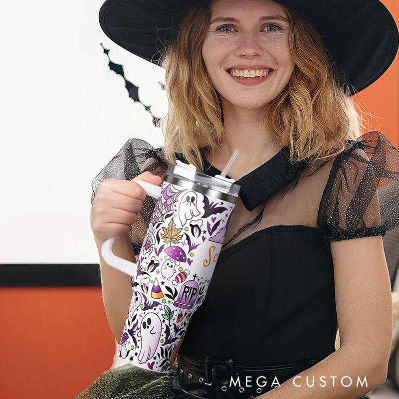 Personalized Name Halloween Ghost Pumpkin Tumbler 40oz Stainless Steel Halloween Spooky Tumbler with Lid Straw Halloween Gift