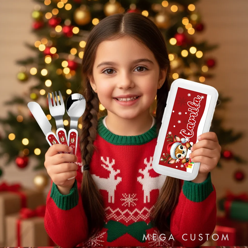 Personalized Cartoon Animal Snowflake Santa Hat Food-Grade Kid's Fork Spoon Knife 3 Pcs Cutlery Set with Name Christmas Party Gift 
