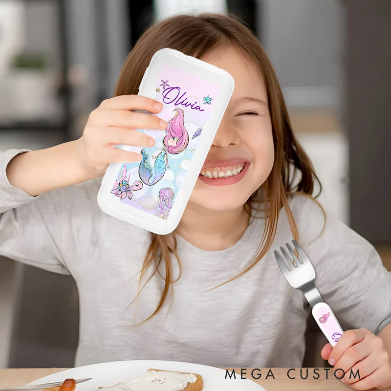 Personalized Fantasy Mermaid Kid's Fork Spoon Knife 3 Pcs Cutlery Set with Case and Name Birthday Gift