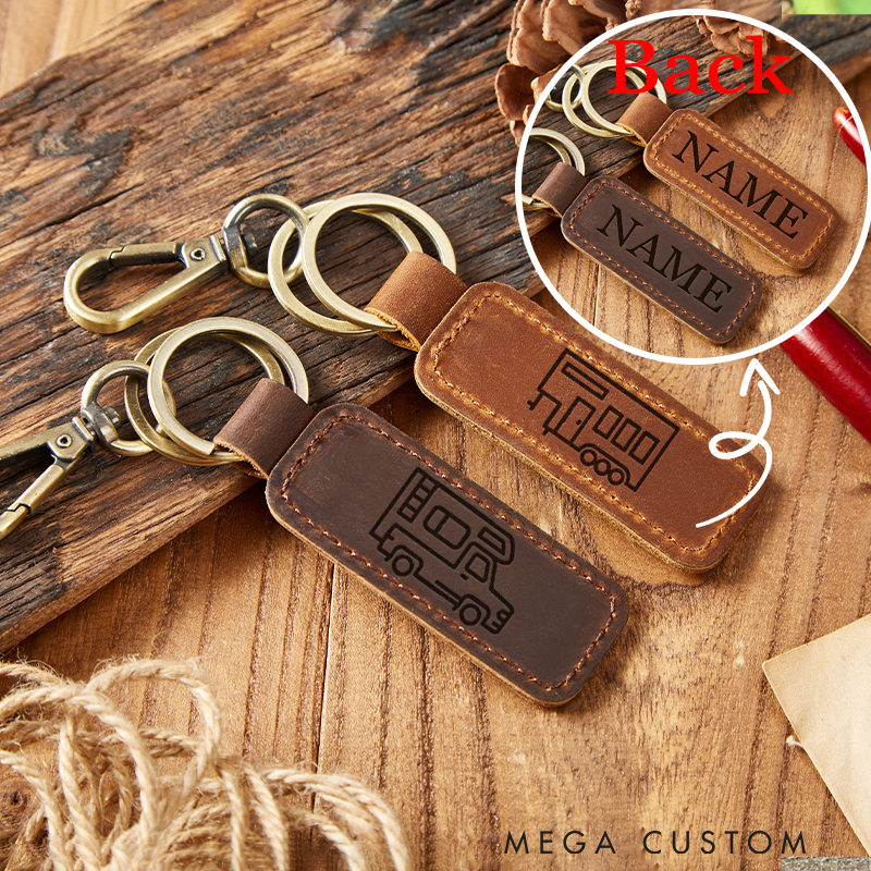 Personalized Happy Camper Leather Keychain Camping Key Chain Travel Camper Rv Gift