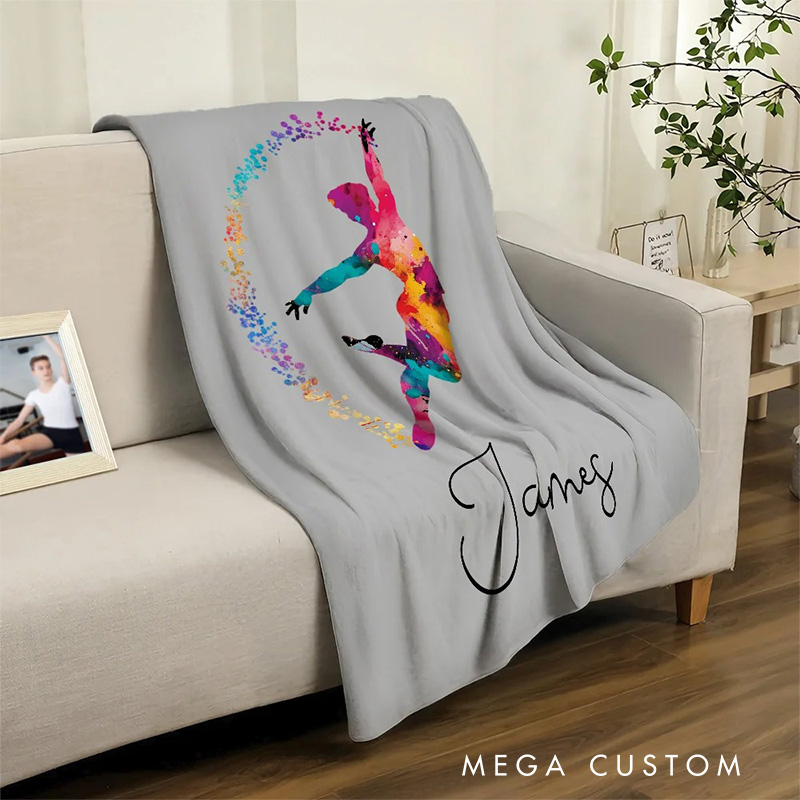 Personalized Watercolor Male Ballet Silhouette Blanket Flannel Blanket Ballet Lover Blanket with Name for Dance Lovers Dancer