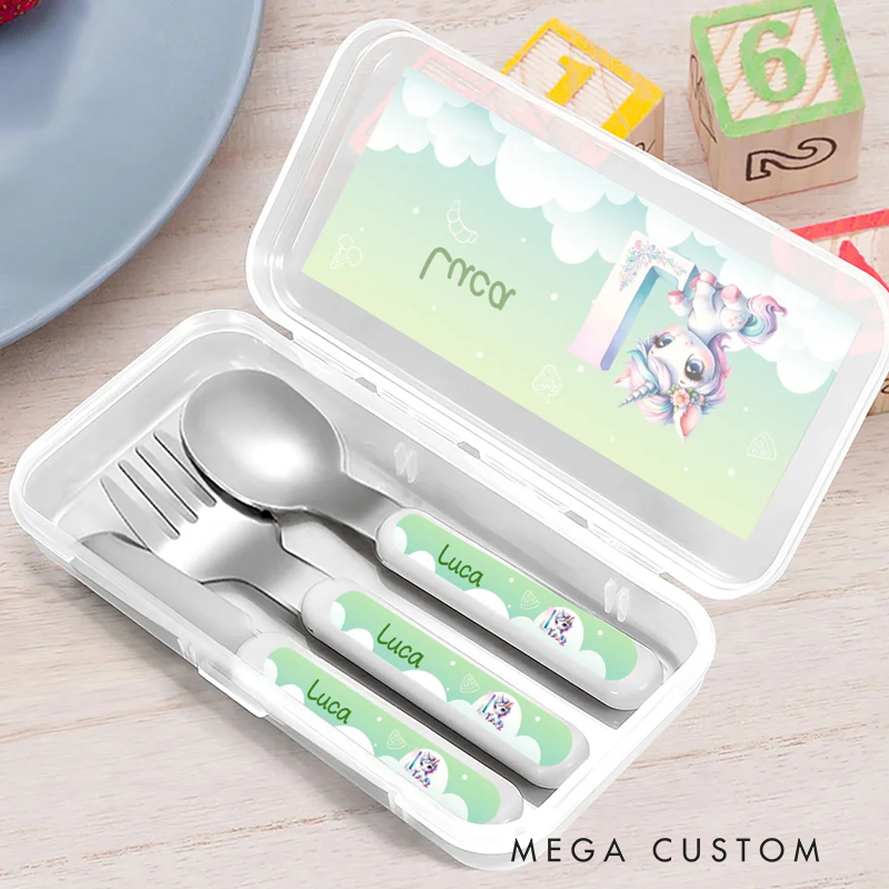 Personalized Fantasy Unicorn Initial Kid's Fork Spoon Knife 3 Pcs Cutlery Set with Name and Case Birthday Back to School Gift 