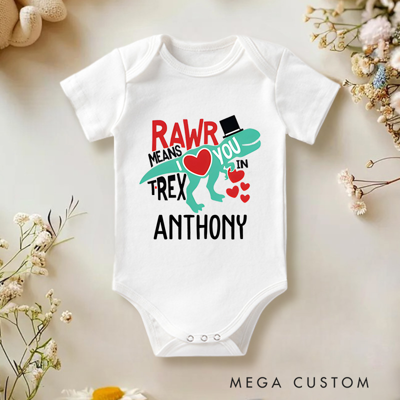 Personalized Rawr Means I Love You T-Rex Valentine's Baby Onesie Gift for Baby