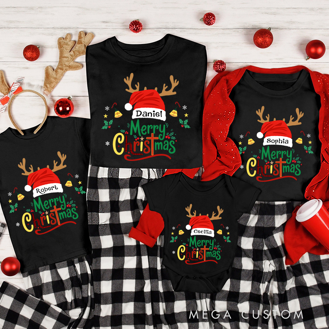 Personalized Merry Christmas Family Matching Cotton T-Shirts with Name Religious Gift Christmas Gift for Christians